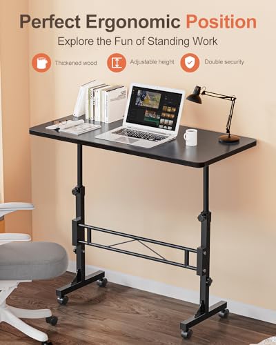 Amztabler Black Adjustable Height Standing Desk on Wheels – Mobile Sit-Stand Workstation