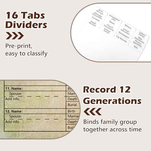 3 Ring Family History Binder 50 Sheet 12th Generation Family Group Sheets 16 Sheets Genealogy Binder Dividers Family Tree Charts to Fill in with PVC Pocket Pen Loop Brown