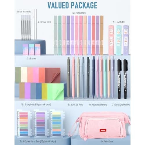 Nicpro 57 PCS Aesthetic Book Annotation Kit with Pen Case, 12 Dual Highlighters, 5 Gel Pens, 6 Mechanical Pencil, 2 Markers 1200PCS Transparent Sticky Notes and Tabs for Bible Study Student Stationary