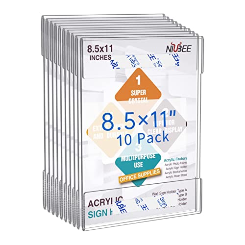 Niubee 8.5x11 inch Wall Mount Acrylic Sign Holder with Double Sided Adhesive Tape For Office, Home, Store, Restaurant-No Drilling (10 Pack)