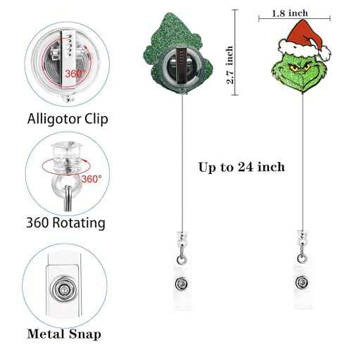 Christmas Cute Nurse Badge Reel Retractable Glitter Santa Name Tag Badge Holder for Nurse Doctor Teacher Student RN