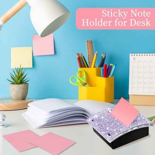 Rhinestone Self Sticky Note Holder Post it Note Dispenser Pop-Up Sticky Notes Dispenser 3 x 3 inch Post it Dispenser for Office Desk Accessories(Purple)
