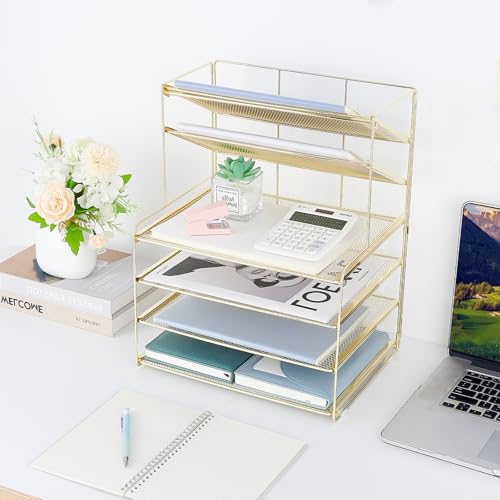 6-Tier Letter Tray Paper Organizer, Desk Organizers and Accessories, Desktop File Organizer, Office Desk Accessories for Office Supplies (Gold)