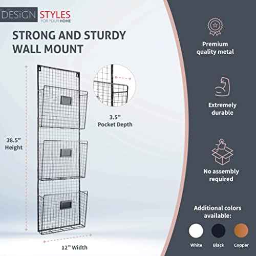 Designstyles Three Tier Wall File Holder ? Durable Pewter Metal Rack with Spacious Slots for Easy Organization, Mounts on Wall and Door for Office, Home, and Work