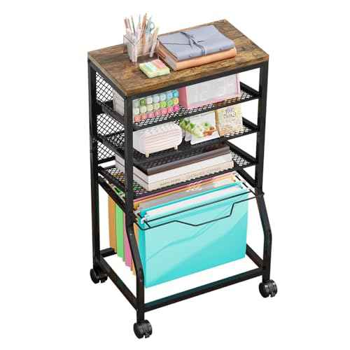 Rolling File Cart,Under Desk Organizer on Lockable Wheels and Mesh Sliding Trays Multi-Functional Rolling Clutter Cart for Office, Home, School (Black, 5 Tier)