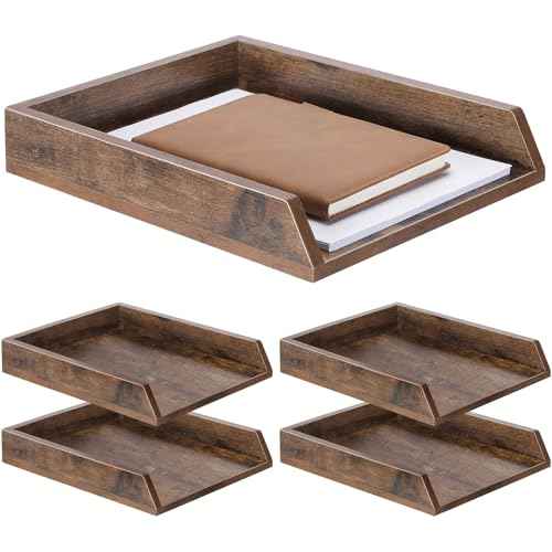 4 Pcs Wooden Letter Trays Wood Letter-Size Desk Organizer Heavy Duty 2 Tier Stackable Supports Paper Tray Desktop Drawer Organizer File Folder Magazine Office Accessories (Dark Wood)