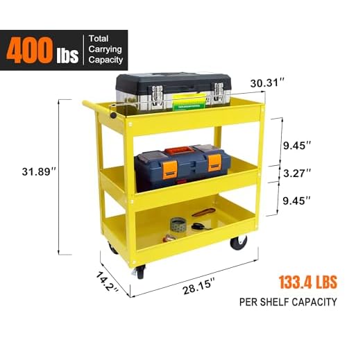 Generic 3 Tier Utility Service Cart 400 lbs, Steel Rolling Tool Cart on Wheels,Load Capacity for Mechanic Garage Warehouse Workshop & Repair Shop,Yellow