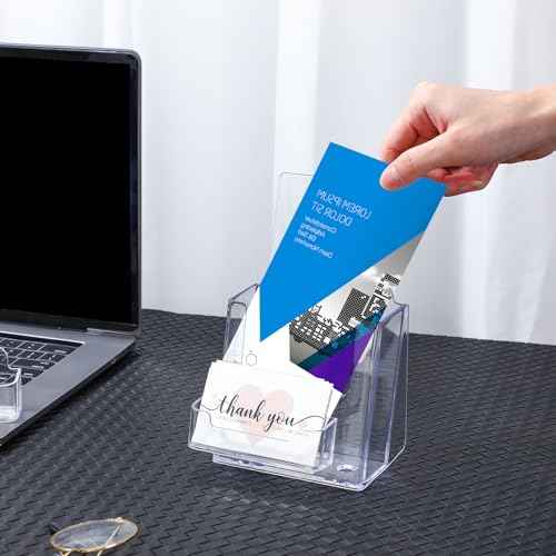 8 Sets Acrylic Brochure Holder 4'' x 9'' Brochure Display Stand Pamphlet Flyer Stand Plastic Flyer Holder with Business Card Case for Magazine Literature Booklets Menu Journals