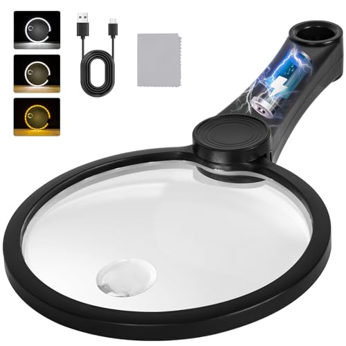 Rechargeable Magnifying Glass with Light 30X 40X 60X - Large 5.2-Inch, Black
