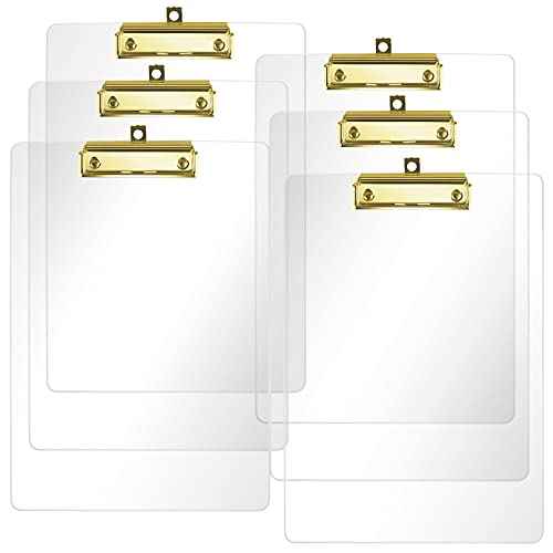 Moocci Thick Acrylic Clear Clipboards Cute Transparent Bulk Clipboard with Gold Strong Clip Hidden Hanging Hole for A4 Paper, Student, Drawing, Office, School, Warehouse, Classroom, Event, 6PC