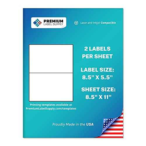 Premium Label Supply White Sticker Half Sheet Labels ? 8.5" x 5.5" ? Laser/Inkjet Compatible ? (2 per Sheet), 200 Sheets - 400 Total Adhesive Labels