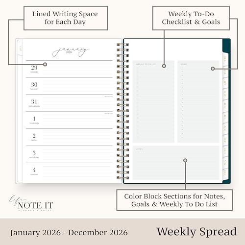 Blue Sky Life Note It 2026 Weekly and Monthly Planner Notes, January 2026 - December 2026, 5.875" x 8.625", Clear Pocket Cover, Durable Twin Wire Binding, Storage Pocket, 50 Perforated Notes Sheets, Dania Dark