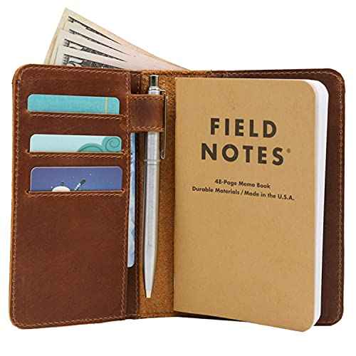 Leather field notes wallet cover for memo ? pocket sized notebook, fits 3.5¡± x 5.5¡± notebooks, separate pocket for cash, real top grain leather, multiple pockets for extra functionality and pen loop