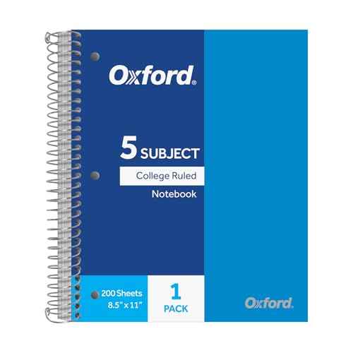 Oxford 5 Subject Spiral Notebook, Notebooks for School, Plastic Covers, Back to School Supplies, College Ruled, 200 Sheets, 1 Pack, Bright Blue (1009294)
