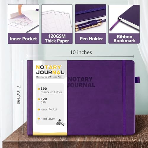 Notary Journal Log Book, 390 Entries, 10 x 7, Vegan Leather Purple
