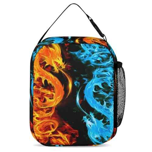 3pcs Bright Ice & Fire Dragon Backpack Set, Multi-functional Laptop Bag 17in Water Resistant Travel Daypack, Large Capacity Double Shoulder Backpack With Lunch Bag (Bright Ice & Fire Dragon