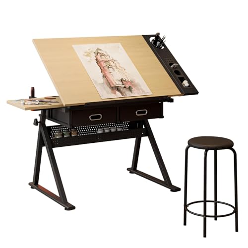 Height Adjustable Drafting Table, 0-75¡Æ Tilting Drawing Table Art Desk for Adults, Artist Desk with 2 Storage Drawers, Watercolor Paintings Sketching Workstation with Stool for Home Office