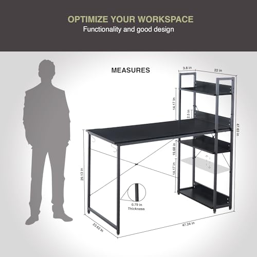 XR X-PROSS Computer Desk, Modern Laptop Workstation, Dimensions 47x23 inches, with 3 Included Shelves, Study Station Made of MDF Wood with Metal Frame: Ideal Desk for Computer, Black