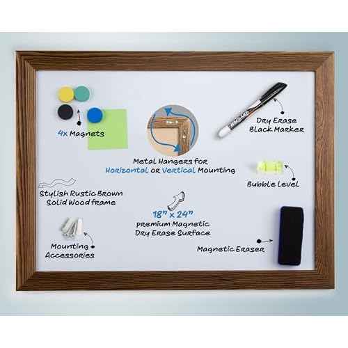 Real Wooden Framed Magnetic Dry Erase Whiteboard, 18" X 24", Vertical/Horizontal Wall Mount, Includes Black Marker, Eraser and 4 Magnets, by Better Office Products (Rustic Brown)