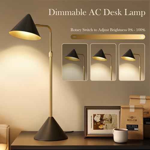 Metal Desk Lamp, 3000k Soft Light Modern Desk Lamp with Dimmer Switch, Adjustable Lighting with Swivel Arm Reading Lamp for Bedside Table, Office Desk, Task Light, Living Room(Black&Gold)