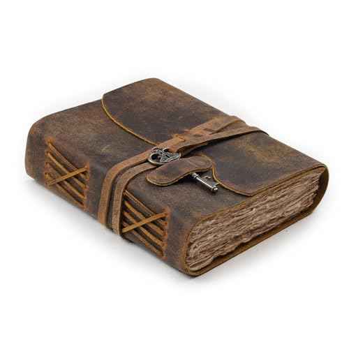 LEATHER VILLAGE Vintage Leather Journal ? 200 Handmade Vintage Deckle Edge Paper ? Leather bound Journal For Women Men ? Vintage Key Closure - Book of Shadows - Cappuccino Brown - 10X7 inches