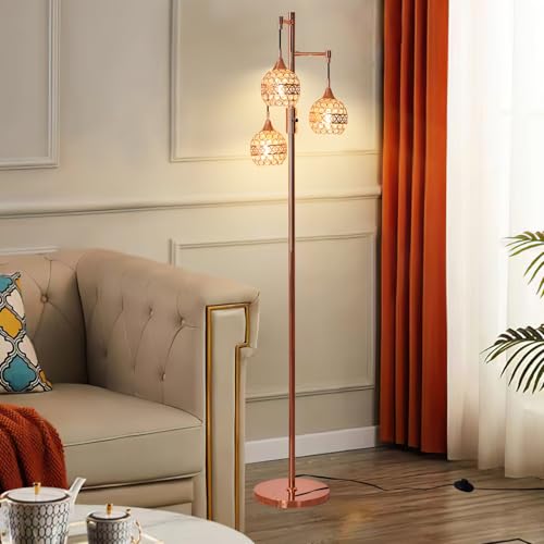 Dimmable Crystal Floor Lamp 3-Light Industrial Floor Lamp for Farmhouse Rose Gold Tree Lamp Standing Lamp with 3 Elegant Crystal lampshades for Living Room Bedroom (Rose Gold)