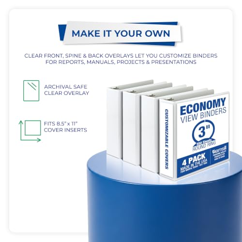 Samsill 3-Inch White 3-Ring Binders 4-Pack - Clear View Cover, 550 Sheet Capacity