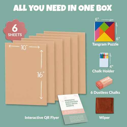 Magnetic Chalkboard Wall Decal for Kids ? Set of 6 Peel and Stick Magnet Sheets with Chalk, Tangram Puzzle, and Holder ? Modular Learning and Drawing Board for Homeschool, Playroom, Classroom
