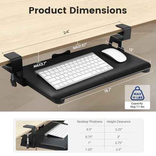 Keyboard Tray Under Desk, Slide Out Computer Keyboard & Mouse Tray with C Clamp-on Mount Easy to Install,24" W£¨Including Clamps£© X 12"D Small Size,Black