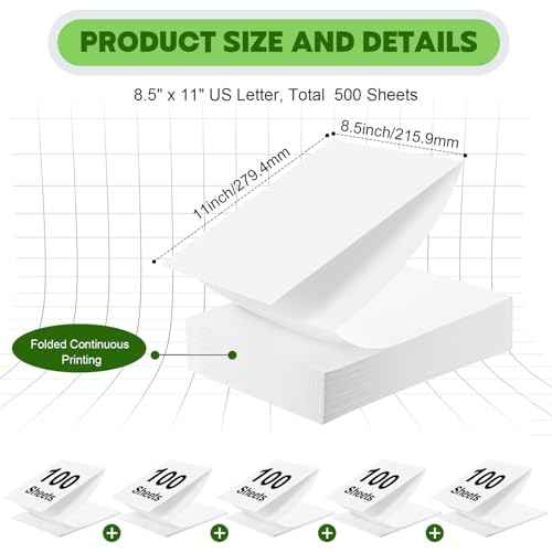 Thermal Printer Paper 8.5 x 11 Inch 500 Sheets Quick Dry Folding Thermal Paper Us Letter, Compatible with M08F/A40/P40/F2S/F1S Portable Printer, Folded Continuous A4 Printing
