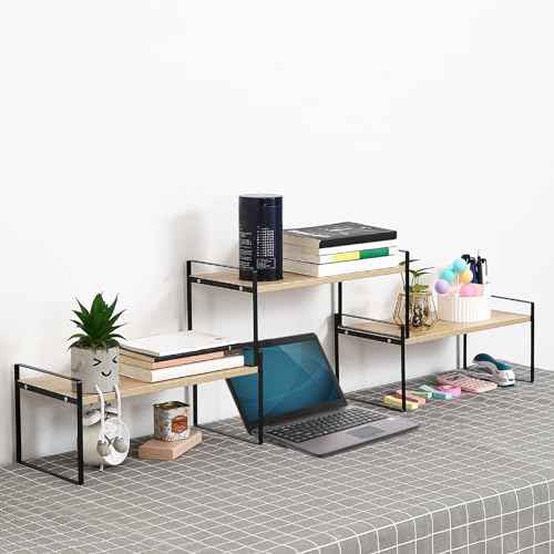 YGYQZ Wood Office Desk Shelf Organizer - Desktop Supplies Cute Dresser Top Organization Storage Rack and Cubicle Decor Aesthetic Bookshelf for Women Man and Kids (Black Wood-Three Tier)