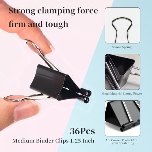 Makanu 36 Pack Binder Clips 1.25 Inch - Medium Steel, Black, 0.6 Inch Clamp, Spring-Loaded Office Clips