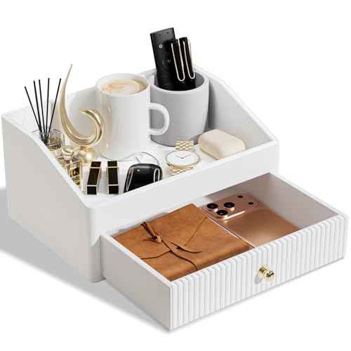 Office Desk Accessories,Beige White Vegan Leather Office Organizer with 1 Drawer & Tray,Pen Holder with Gold-Tone Metal Accents Knob for End Tables,Bedside Table,Bedroom.