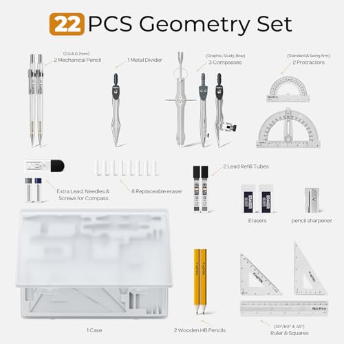 Nicpro 22 PCS Compass Geometry Tools with Case, Drafting Tools Geometry Set with Swing Arm Protractor, Rulers, Metal Compass, Divider, Square Set, Pencil, Back to School Supplies for Students Kids