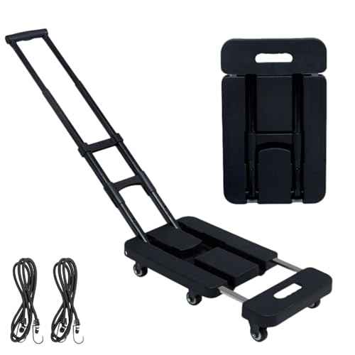 Folding Hand Truck 500lb Heavy Duty - 6 Wheel Luggage Cart with Extendable Base, 3-Height Adjustable Handle & 2 Bungee Cords for Airport, Moving, Warehouse Black