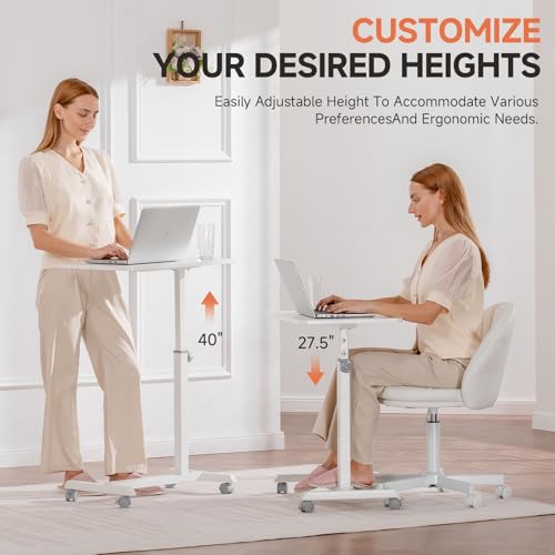 GTRACING Mobile Small Standing Desk, Sit Stand Portable Rolling Laptop Desk with Lockable Wheels, Adjustable Height Overbed Bedside Table Computer Workstations, White