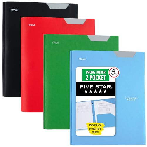 Five Star 2-Pocket Plastic Folder with Stay-Put Tabs & Prongs 4 Pack - Black, Fire Red, Forest Green, Pacific Blue
