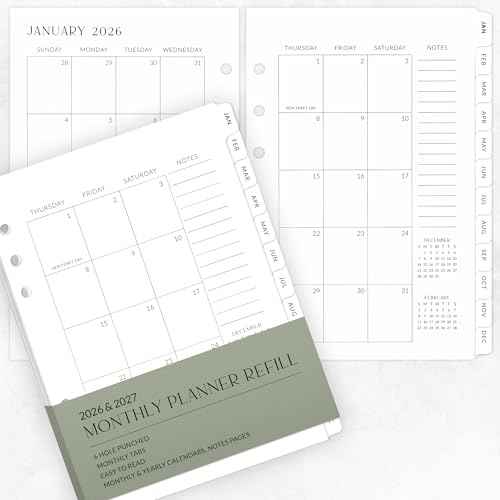Beautiful 2026-2027 Monthly Planner Inserts for 6 Ring Binders ? Durable A5 Paper Refill Set 5.7" x 8.3" - Refills Incl. Tabs & Yearly, Monthly Calendar Spreads - From December 2025 - December 2027