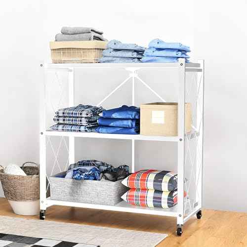 Foldable Storage Shelf with Wheels - Metal Collapsible Shelving Unit Display, Rolling Cart for Books Kitchen Storage Shelves, Pantry & Closet Organizer, Office Room Decor