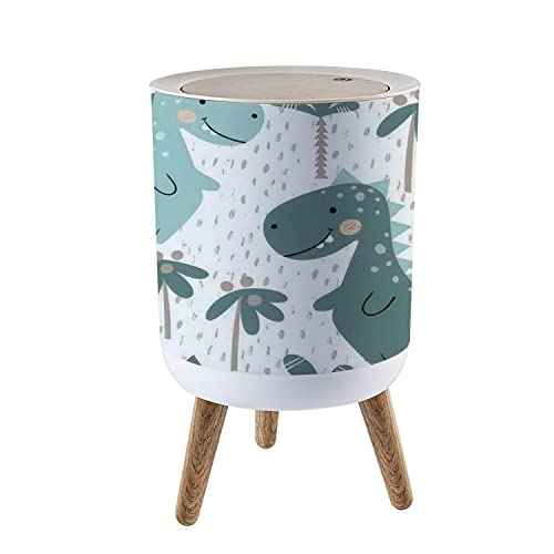 Dinosaur Kids Small Cute Bathroom Trash Can with Lid, Kawaii Dog Child Proof Dino Palm Garbage Bin, Wood Waste Bin, Press Cover, Round Wastebasket, 8.66 x 14.3 inch