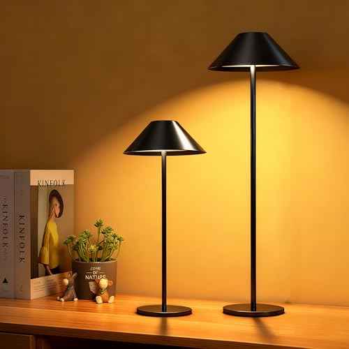Black Cordless Lamp Set of 2, Rechargeable Battery Table Light Metal Lampshade with Flexible Height Pole, 3 Color Dimmable Bedside Touch Lamp, Portable Wireless Lamp for Reading/Home