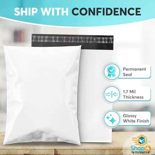Shop4Mailers 10 x 13 Glossy White Plastic Self Seal Poly Mailer Flat Bags Waterproof Shipping Envelope 1.7 Mil for Apparel, Clothes, Shirts, Books ? Permanent Adhesive Seal (500 Pack)