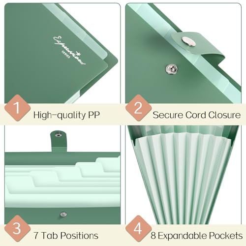 Sooez Dark Green Accordion File Organizer with 8 Pockets - Expandable Document Folder