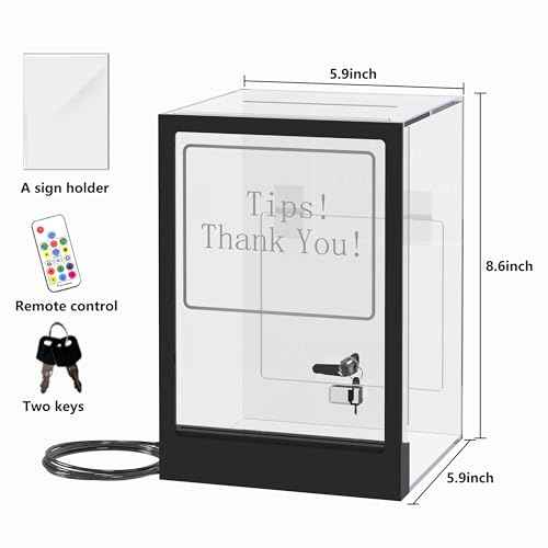 Tip Jar with 2 Sign Holders, LED Light & Lock for Bar & Party, Donation Box with Sign Holder ''Tips! Thank You!'', Suggestion Box with DIY Blank Sign Holder for Getting Cards, Voting & Ballots