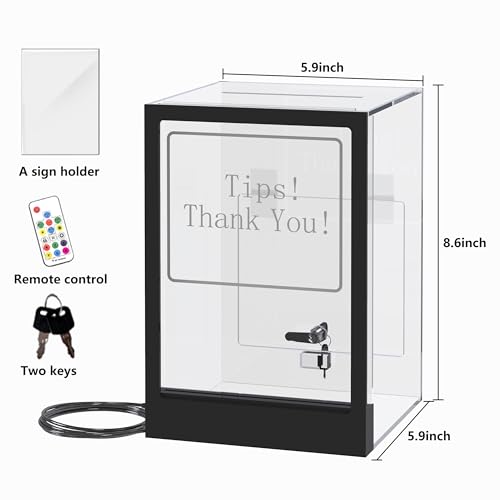 HEMYLU Suggestion Box with Remote Control - Lockable Tip Jar LED Light & Sign Holders