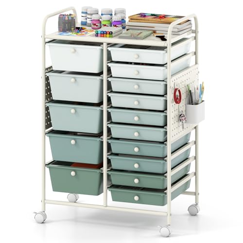 Giantex Green Gradient 15-Drawer Rolling Storage Cart with Metal Tabletop & Pegboard