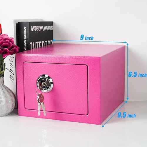 Luwint Small Steel Safe Lock Box with Key, General Home Use, 9.5 x 9 x 6.5 in (Pink)