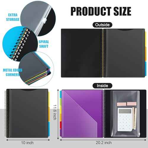 Yeaqee 8 Pack 24 Pocket Project Organizer Spiral Multi Pocket Folders Binder Organizer with Dividers Writable Tabs Zipper Pouch, Letter Size Plastic Folders for School Office