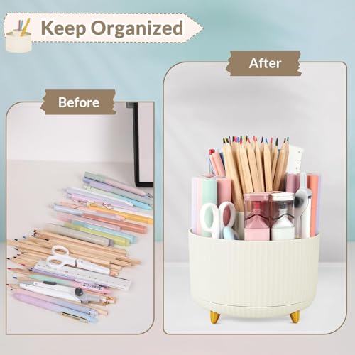 Beige SKYDUE 360° Rotating Plastic Desk Pen Organizer with 5 Slots - Office & Home