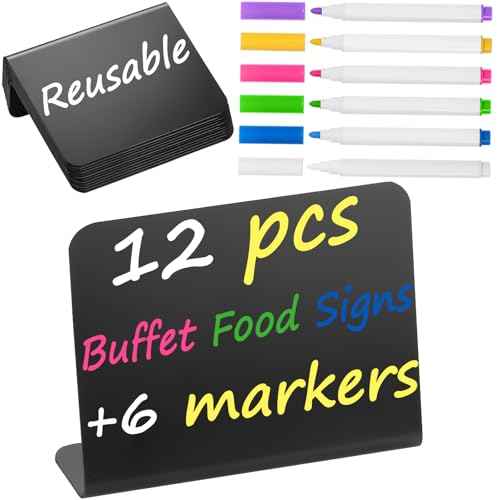 Herda 12 Pack 4"x3" Small Food Labels for Party Buffet Food Signs for Birthday Bakery Wedding Signs Tags Food Tags Place Cards Message Board Signs Mini Chalkboard Signs Includes 6 Wet Erase Markers